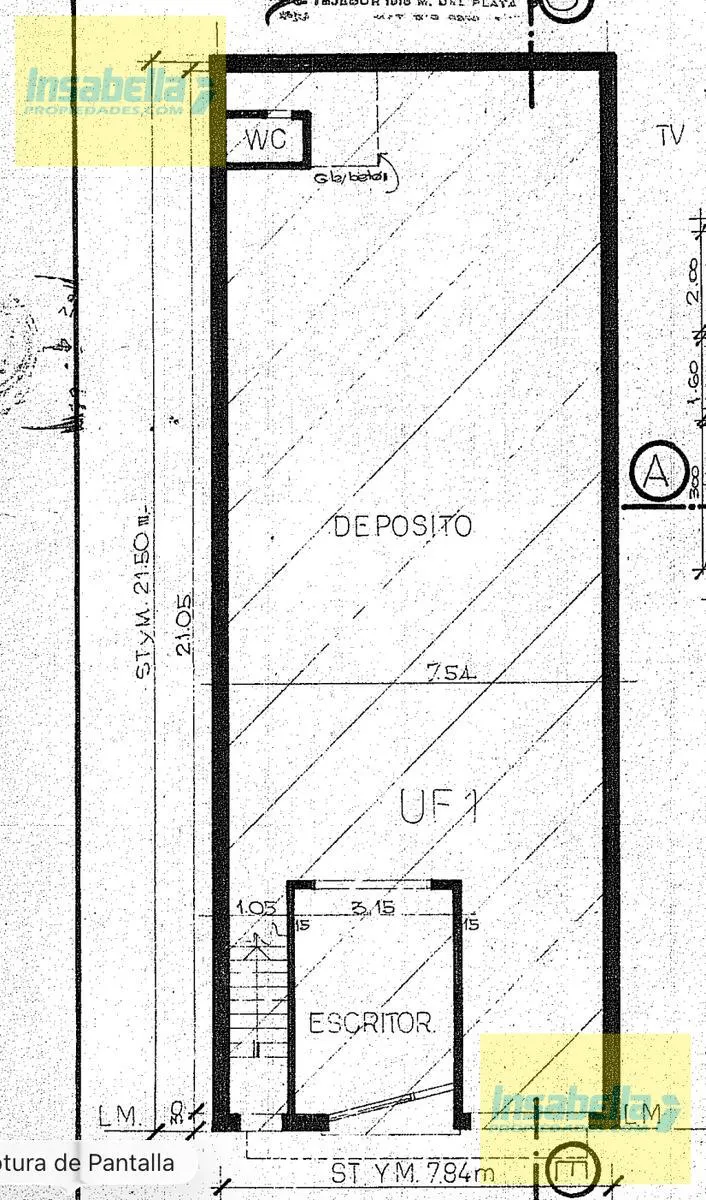 Plano del inmueble — distribución en una sola planta, frente 7,84 m, largo 21,05 m